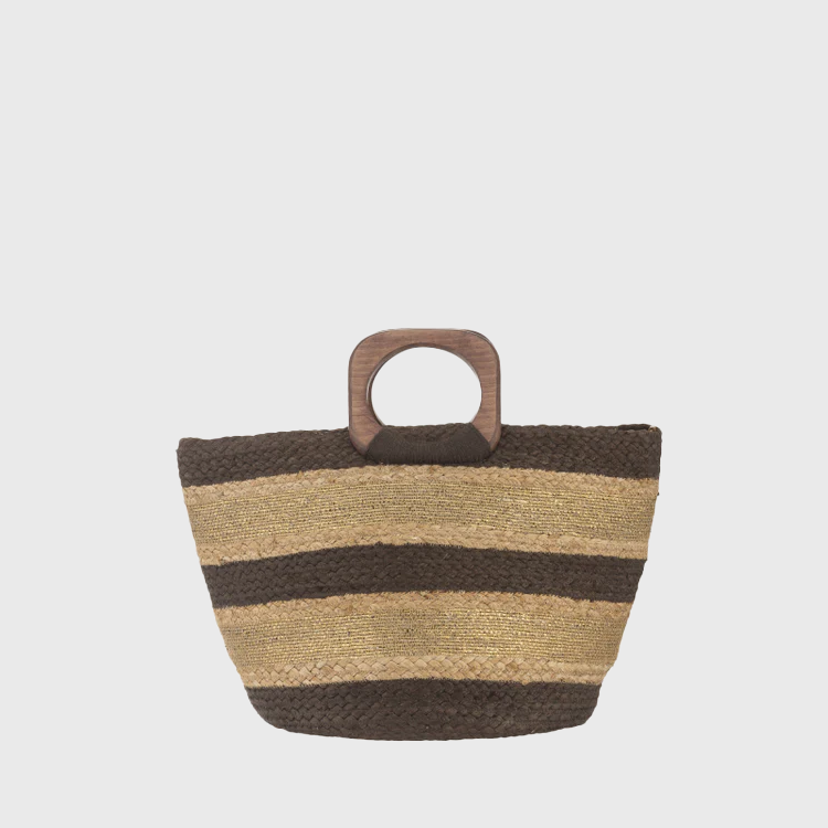 Cabas rayé en jute avec anses en bois