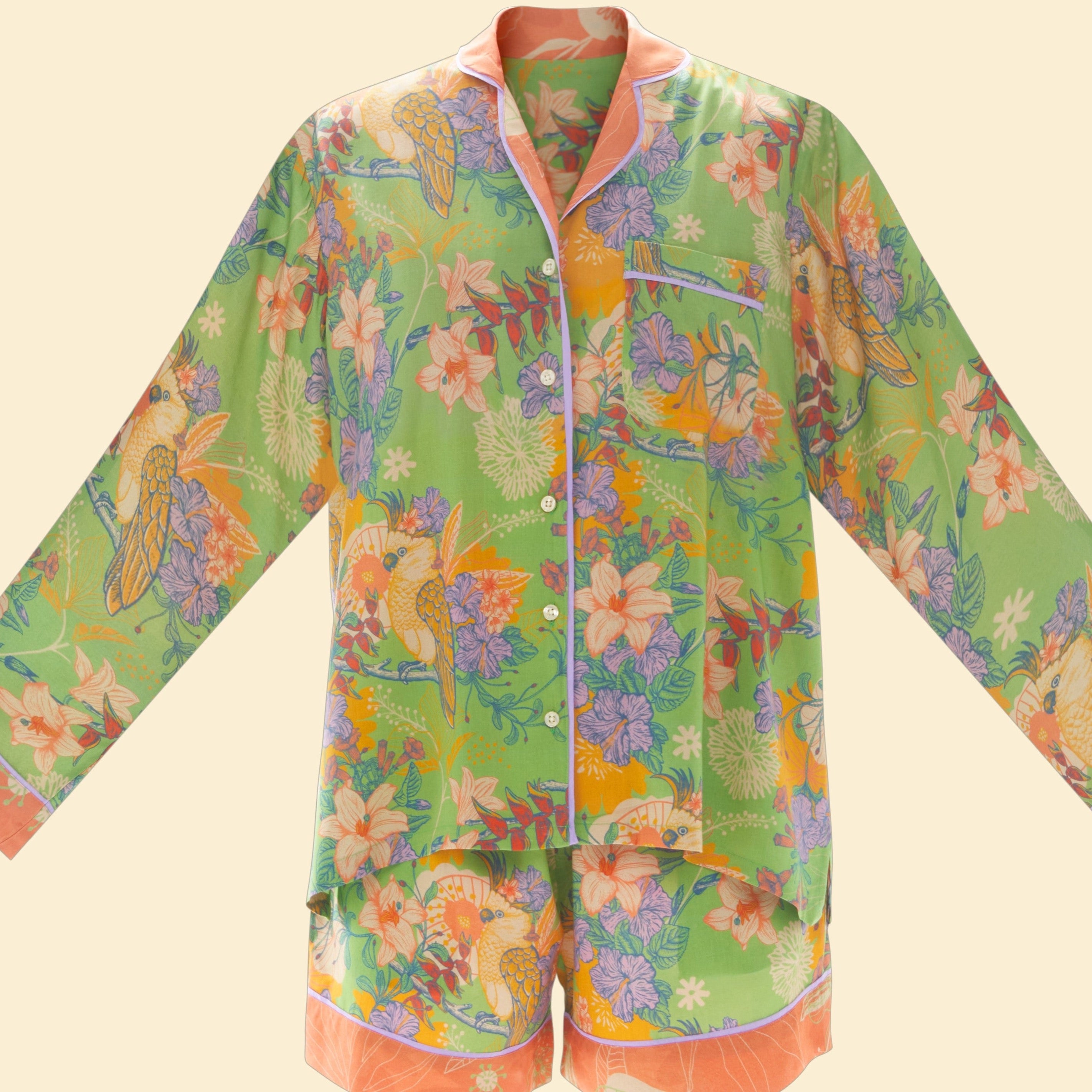 Black romantic flower kimono in cotton and modal with flower print and fine lace