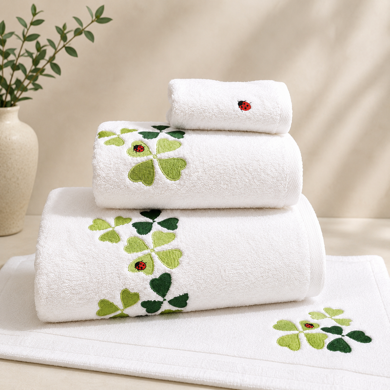 Tapis de bain en coton avec Trèfles et Coccinelle brodés