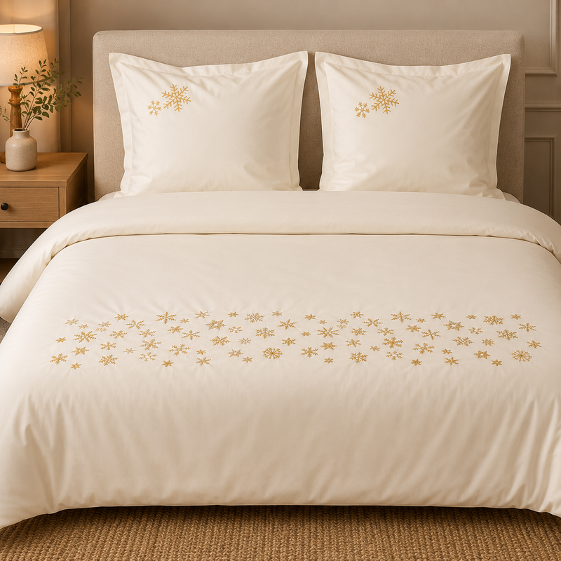Set Housse de couette + taies d'oreiller Flocons BEIGE brodés