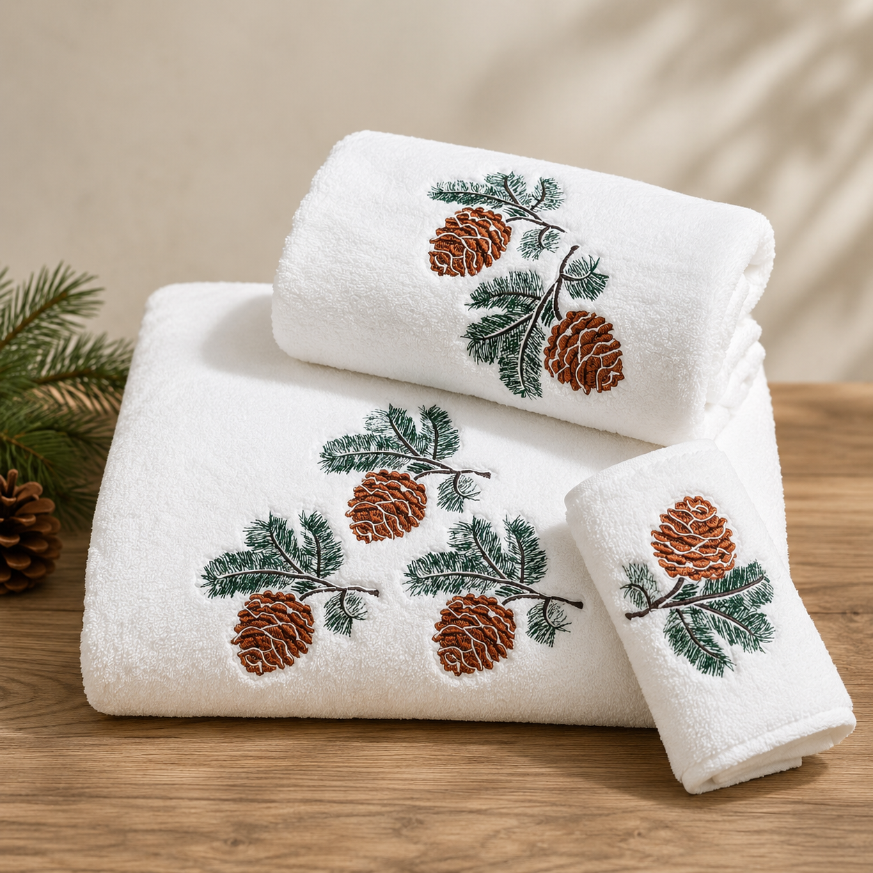 Linge de bain en coton avec Pommes de pin brodées
