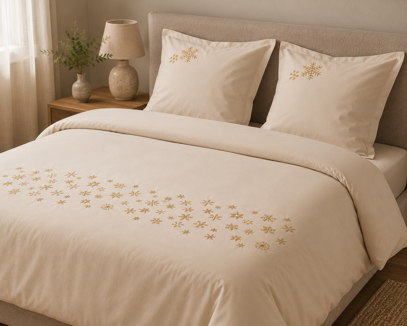 Set Housse de couette + taies d'oreiller Flocons BEIGE brodés
