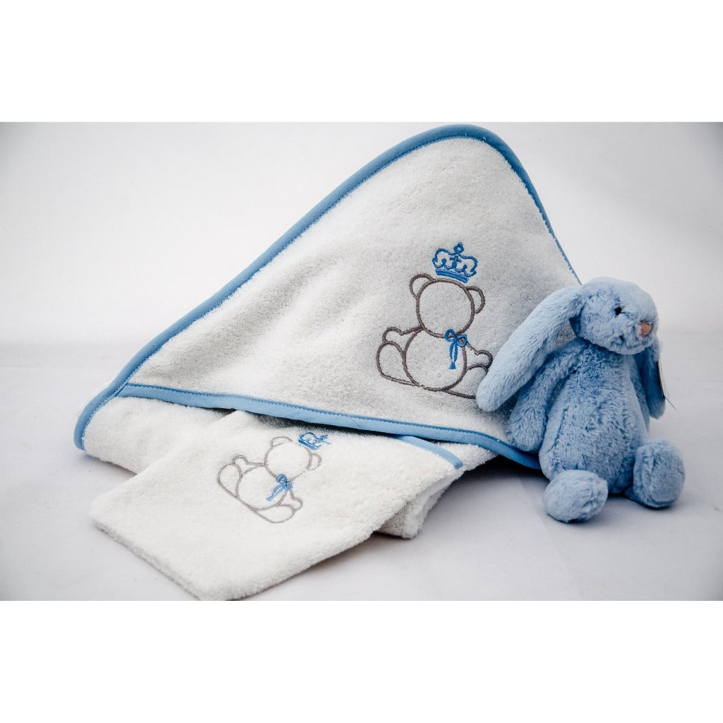 Combed cotton baby bath linen with embroidered teddy bear