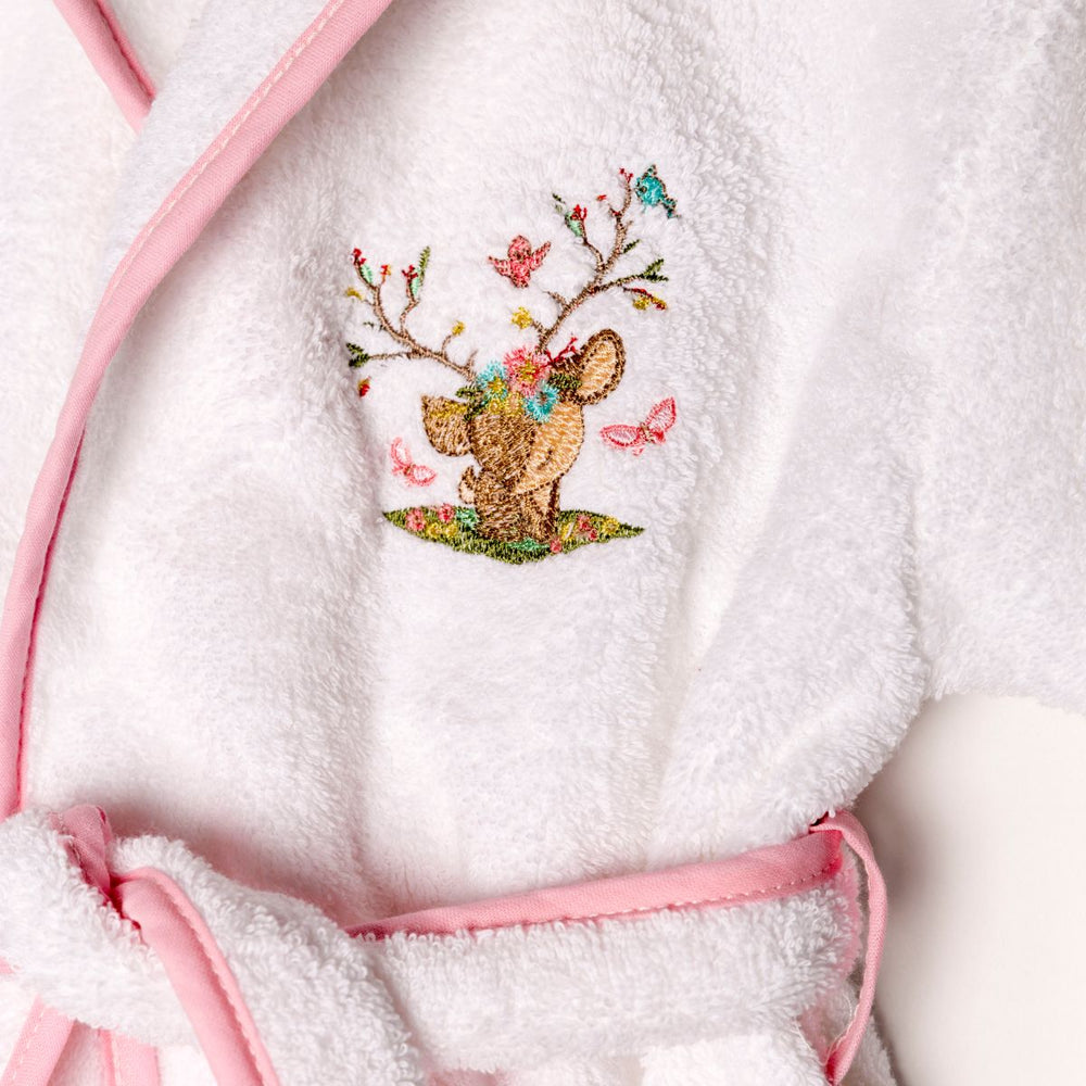 Children's bathrobe with hood in combed cotton with embroidered deer