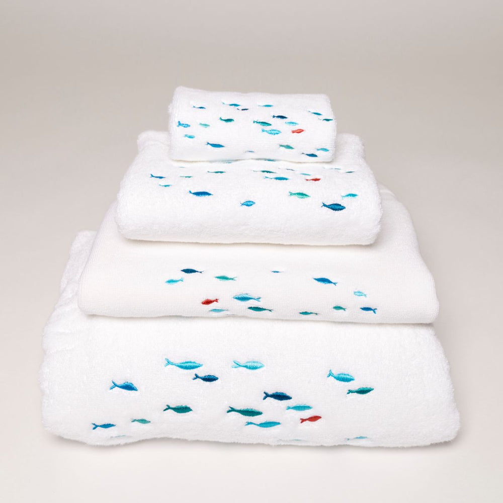 Cotton bath linen with embroidered fish
