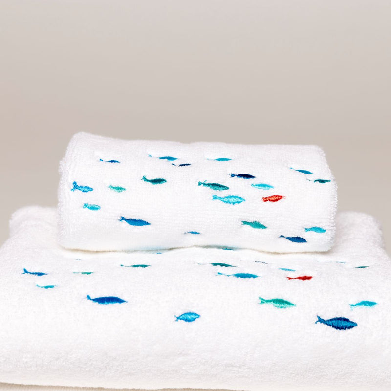 Cotton bath linen with embroidered fish
